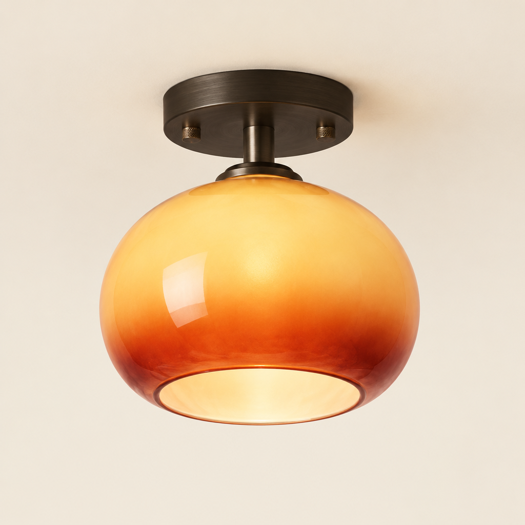 Linton Caramel Glass Ceiling Light – switched on, studio view