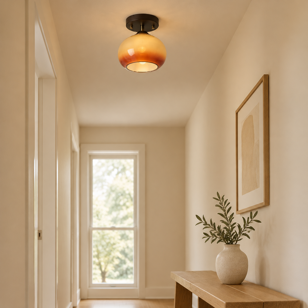 Linton Caramel Glass Ceiling Light – in a hallway