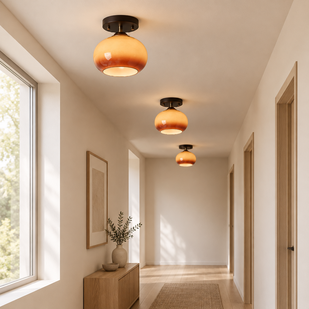 Linton Caramel Glass Ceiling Light – a row along a corridor ceiling