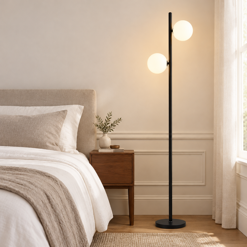 Lulworth Opal Glass Floor Lamp – beside a bed