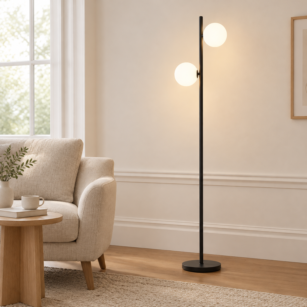 Lulworth Opal Glass Floor Lamp – beside a reading chair