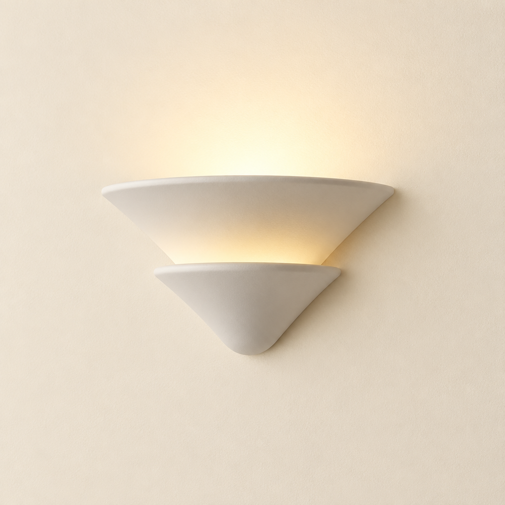 Lune Tiered Uplighter Wall Light – studio photo, lit, on a cream background