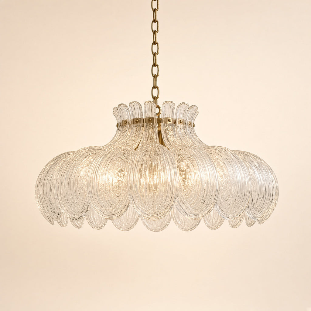 Malham Textured Glass Pendant Light – studio photo, lit, on a cream background