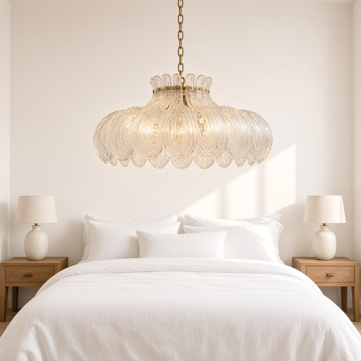 Malham Textured Glass Pendant Light – in a bedroom