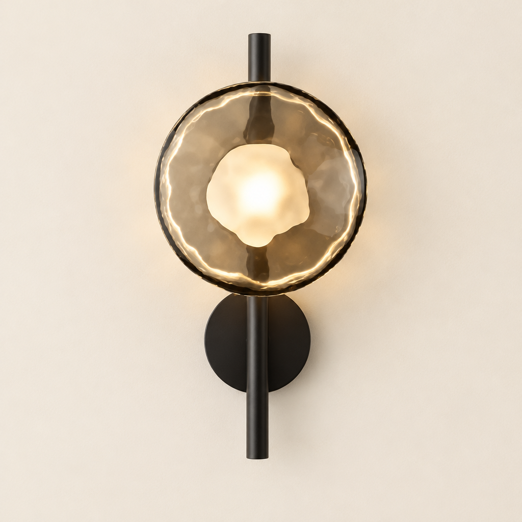Marlow Rippled Disc Wall Light – studio photo, lit, on a cream background