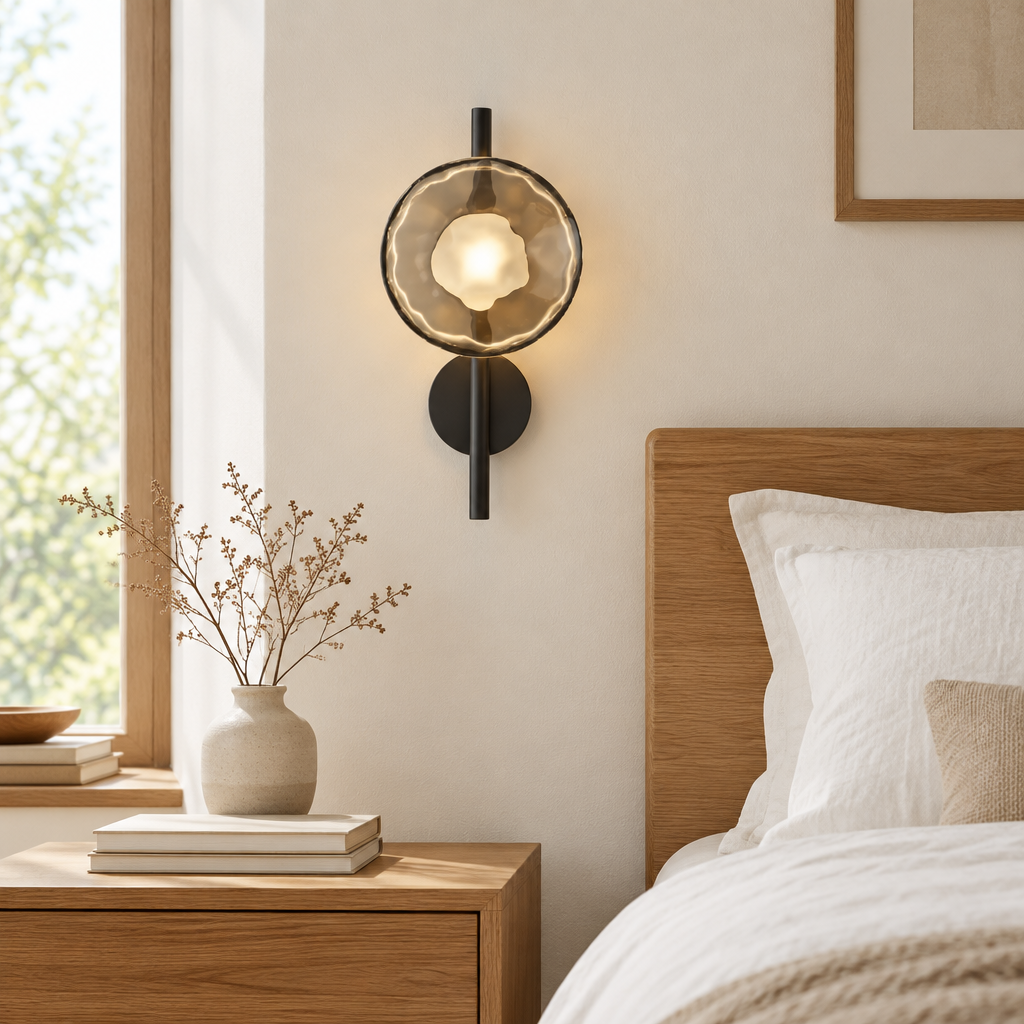 Marlow Rippled Disc Wall Light – beside a bed