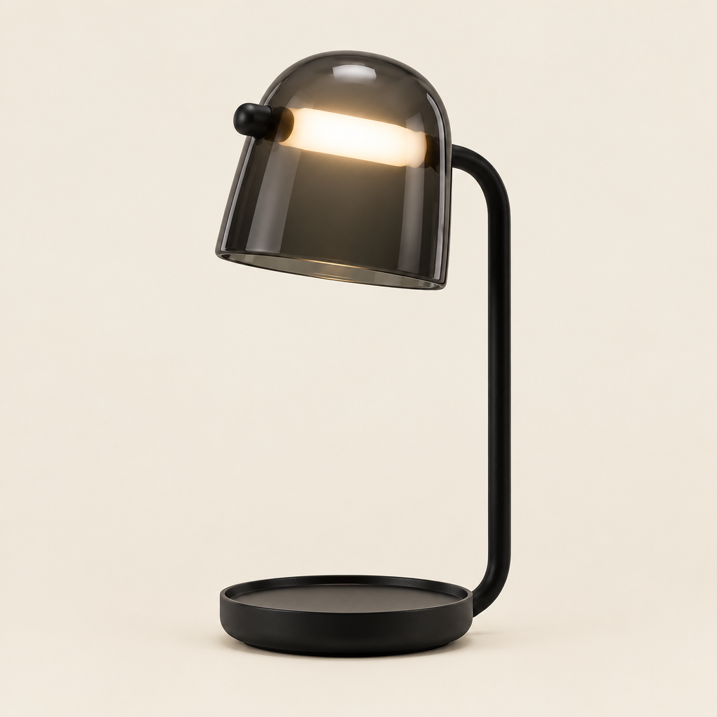 Medway Smoked Glass Table Lamp – studio photo, lit, on a cream background
