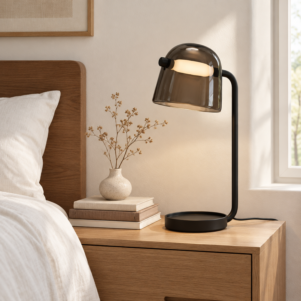 Medway Smoked Glass Table Lamp – on a bedside table