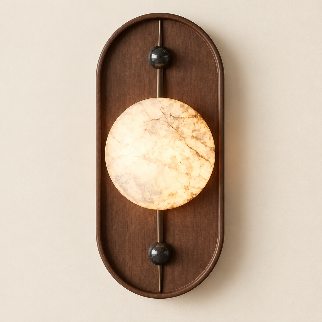 Mendip Walnut-Finish Wall Light – switched on, studio view