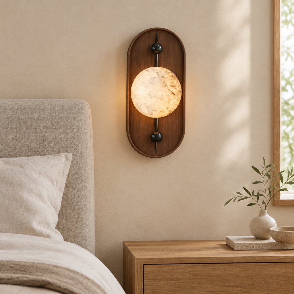 Mendip Walnut-Finish Wall Light – beside a bed