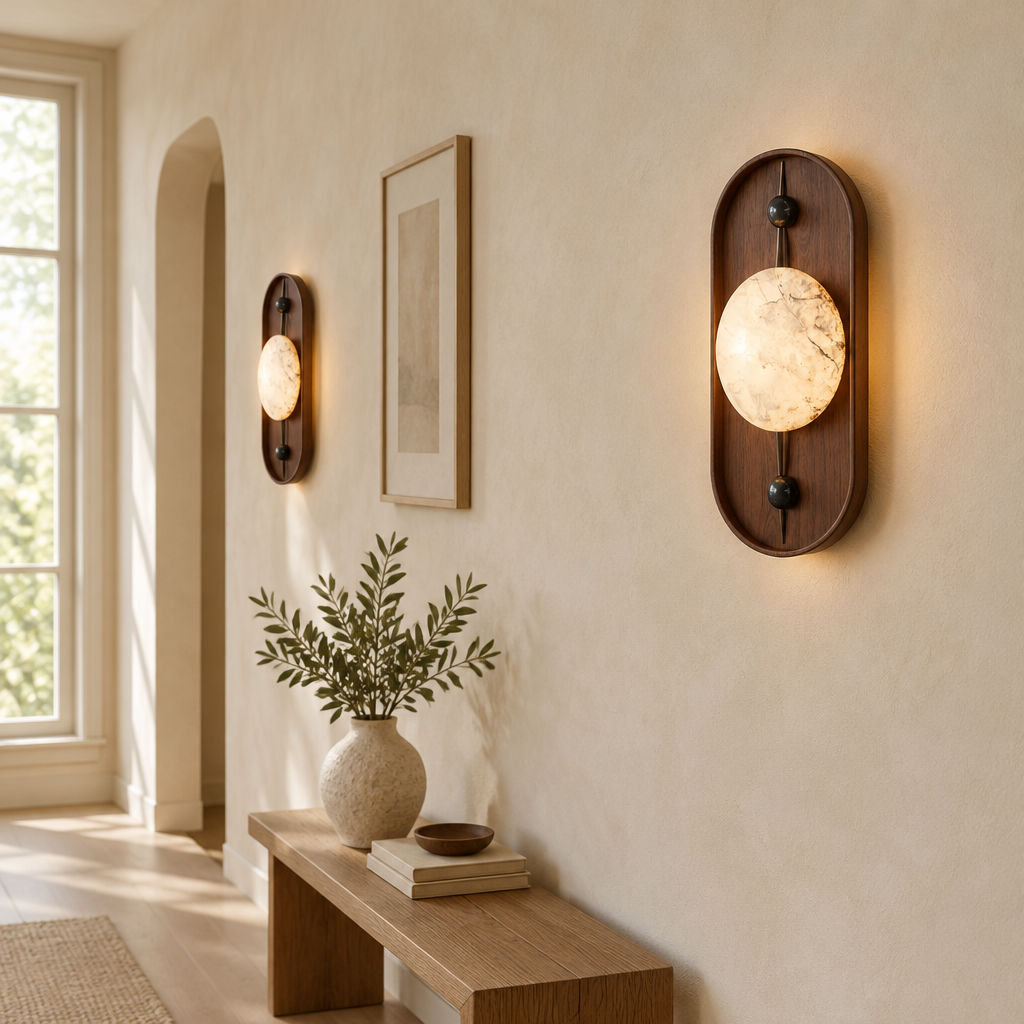Mendip Walnut-Finish Wall Light – a pair in a hallway