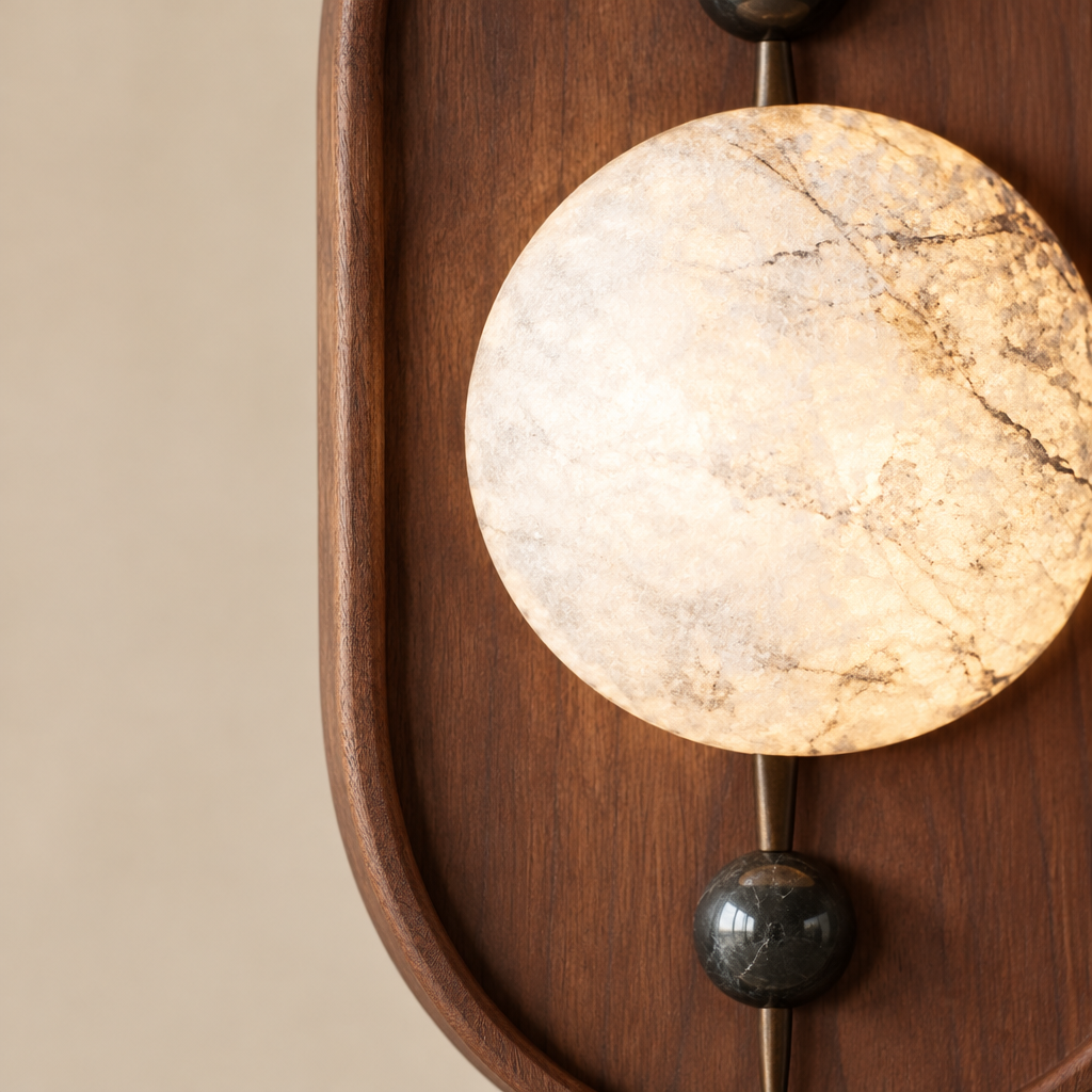 Mendip Walnut-Finish Wall Light – close-up of the walnut frame and veined disc