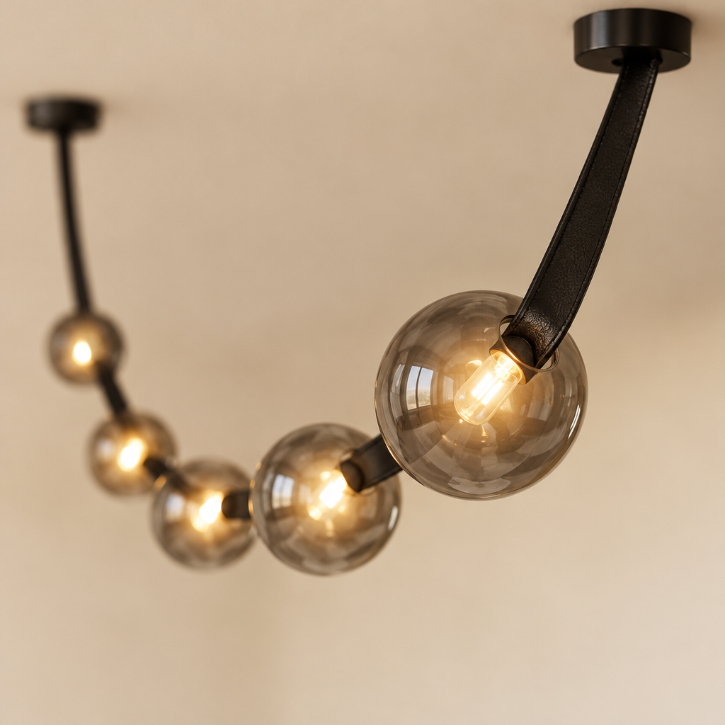 Milton Leather Pendant Light – close-up of a smoked glass globe on the strap