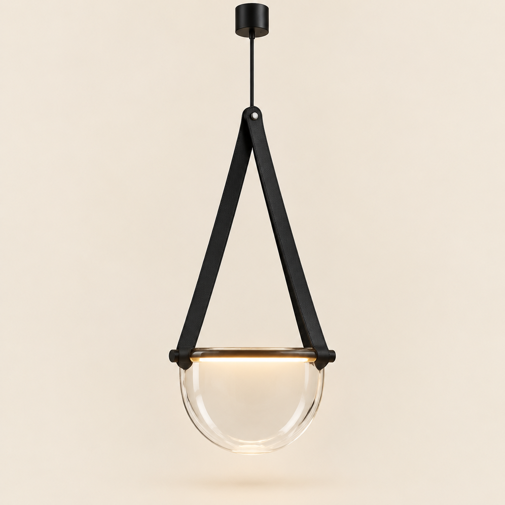 Moreton Strap Glass Pendant Light – studio photo, lit, on a cream background