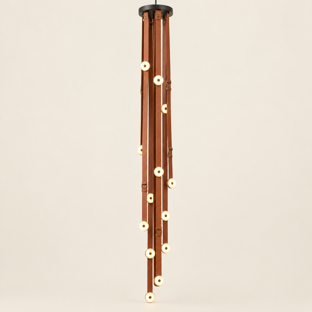 Mortlake Leather Chandelier – switched on, studio view