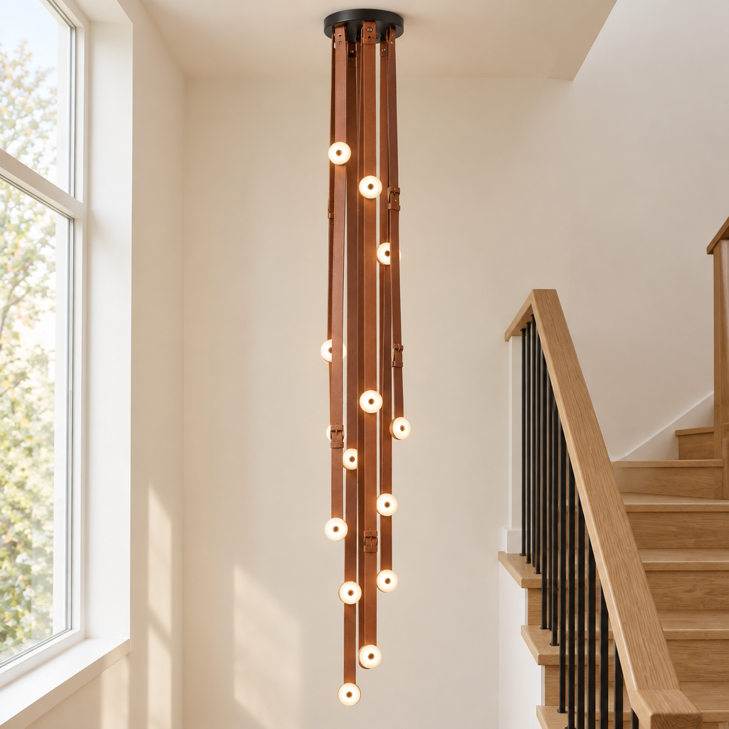 Mortlake Leather Chandelier – in a bright stairwell