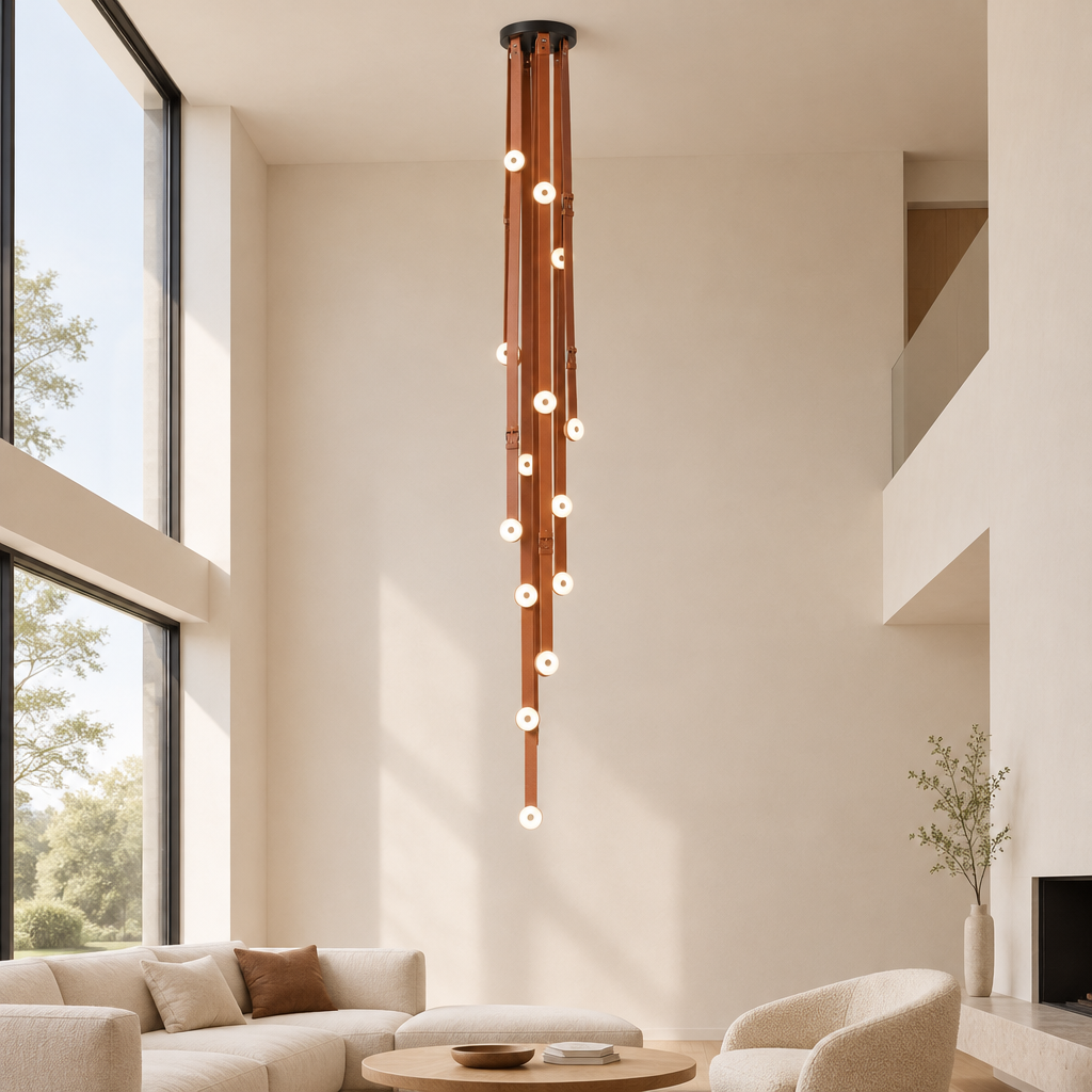 Mortlake Leather Chandelier – in a double-height living room