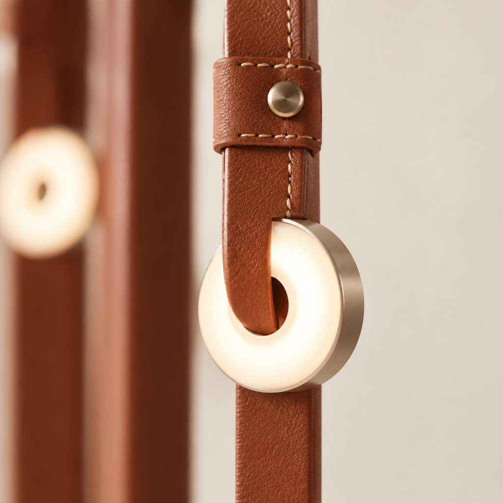 Mortlake Leather Chandelier – close-up of the leather strap and LED head