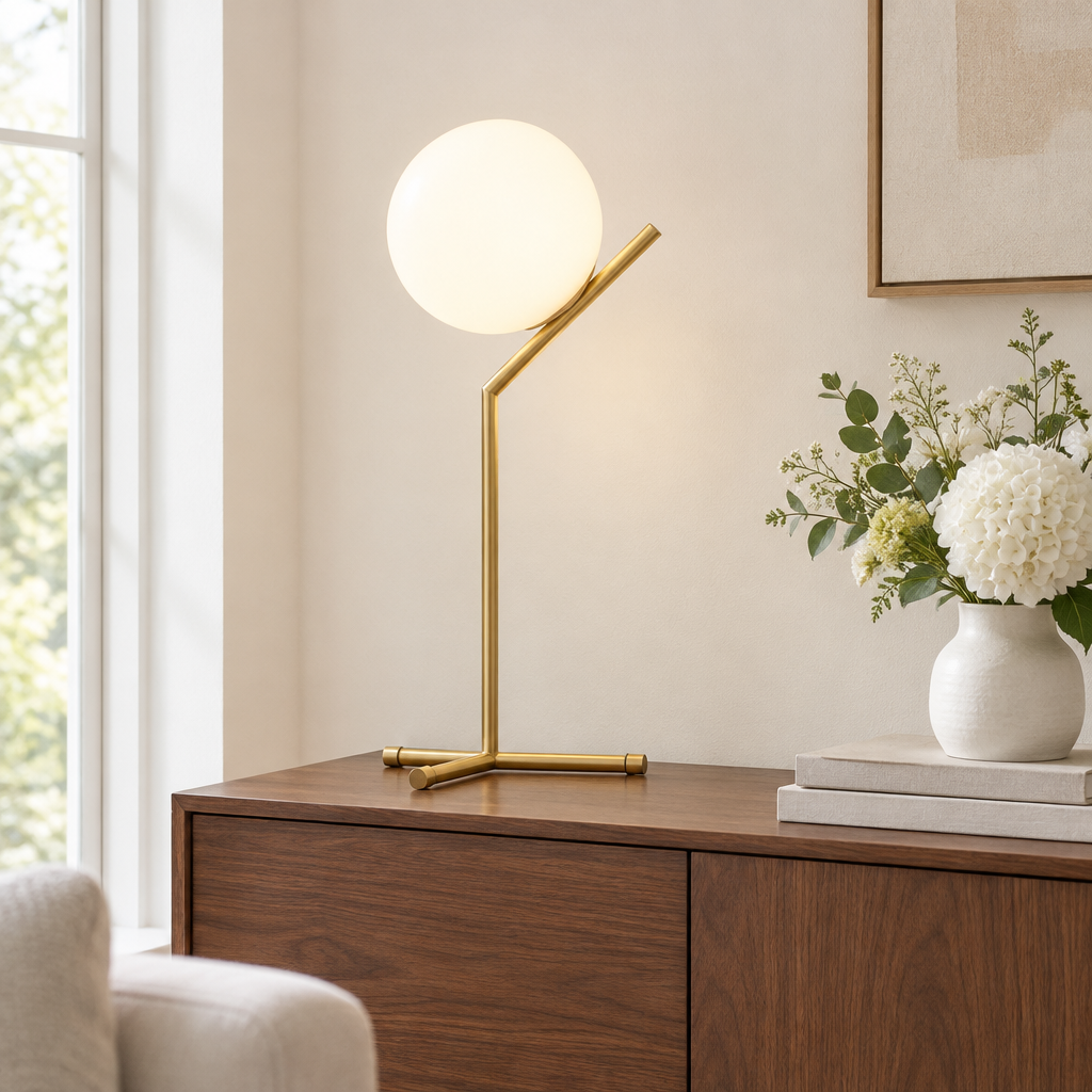 Nayland Opal Glass Table Lamp – on a sideboard