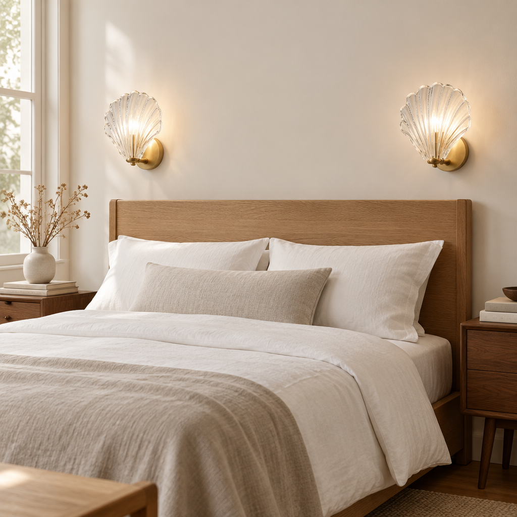 Netley Clear Shell Wall Light – a pair beside a bed