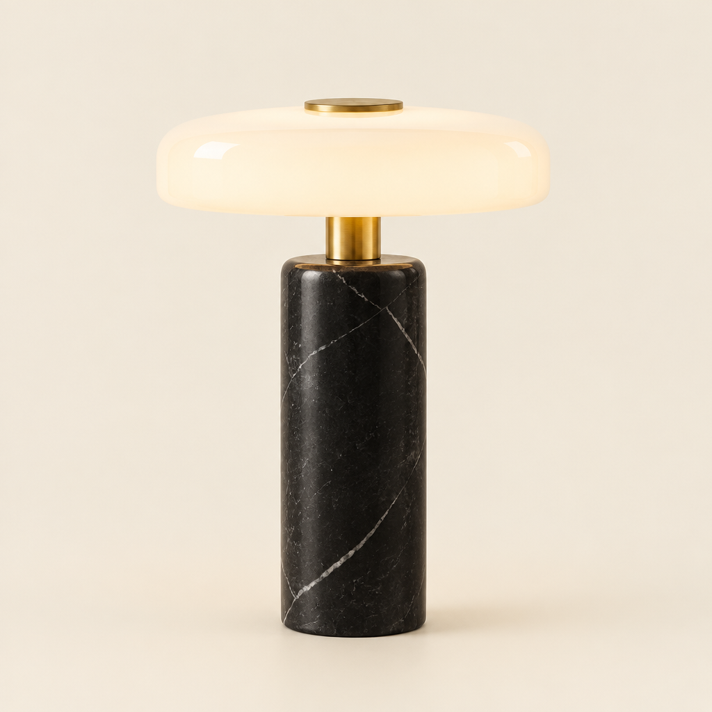 Oakham Marble Mushroom Table Lamp – switched on, studio view