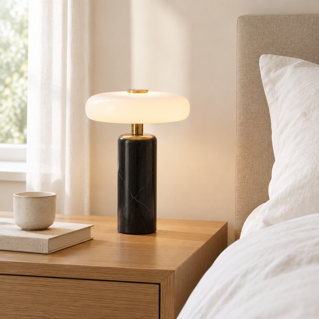 Oakham Marble Mushroom Table Lamp – on a bedside table