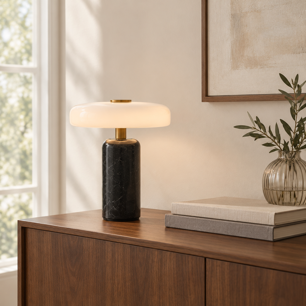 Oakham Marble Mushroom Table Lamp – on a console