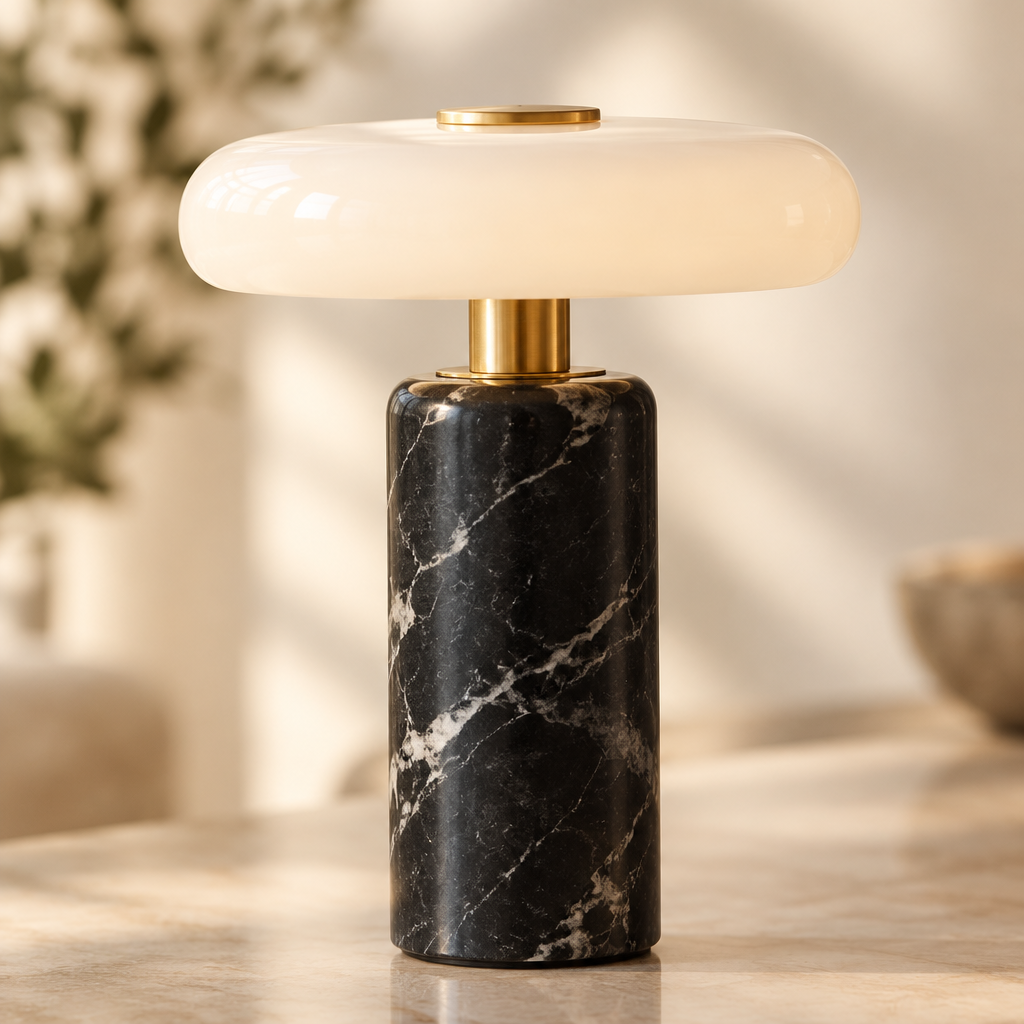 Oakham Marble Mushroom Table Lamp – close-up of the marble and gold collar