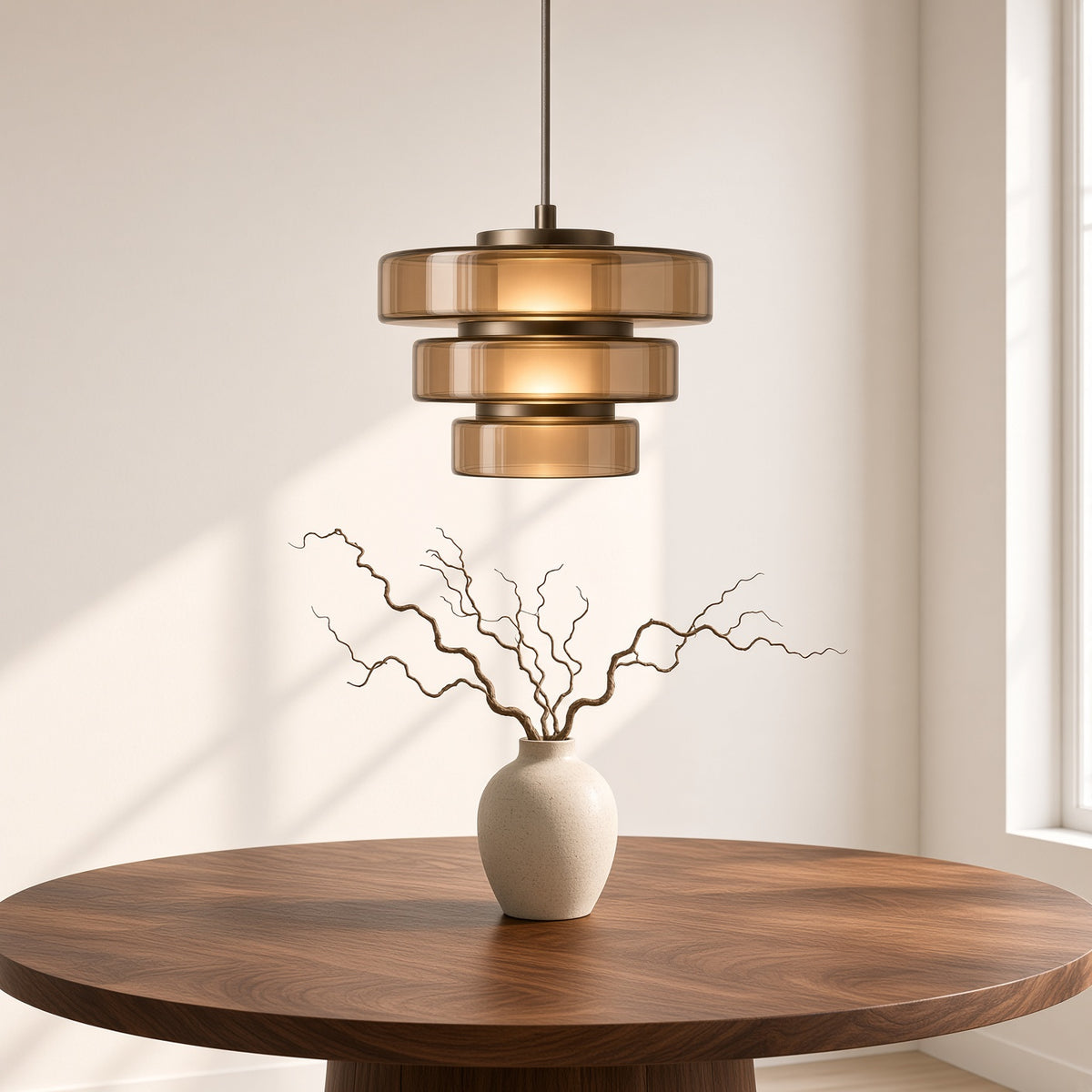 Oakley Tinted Glass Pendant Light – over a round dining table
