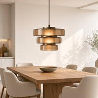 Oakley Tinted Glass Pendant Light – three-tier version over a long oak table