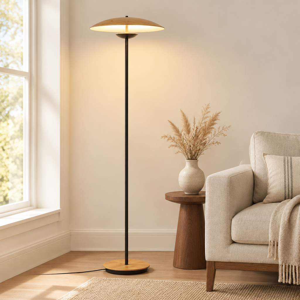 Orford Disc Floor Lamp – beside an armchair