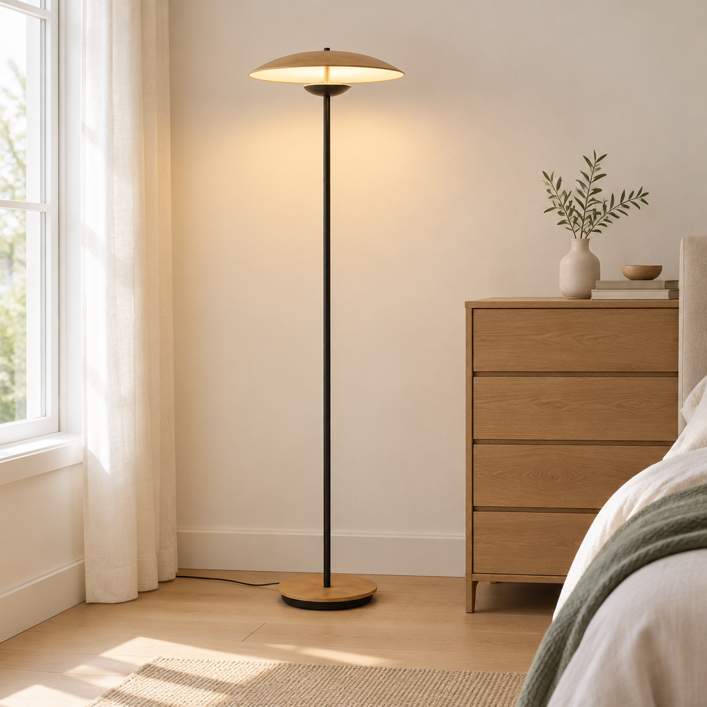 Orford Disc Floor Lamp – in a bedroom corner