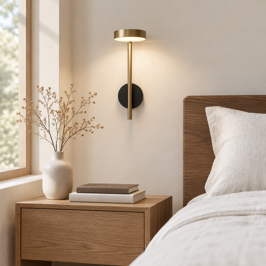 Ouse Bronze Wall Light – beside a bedside table