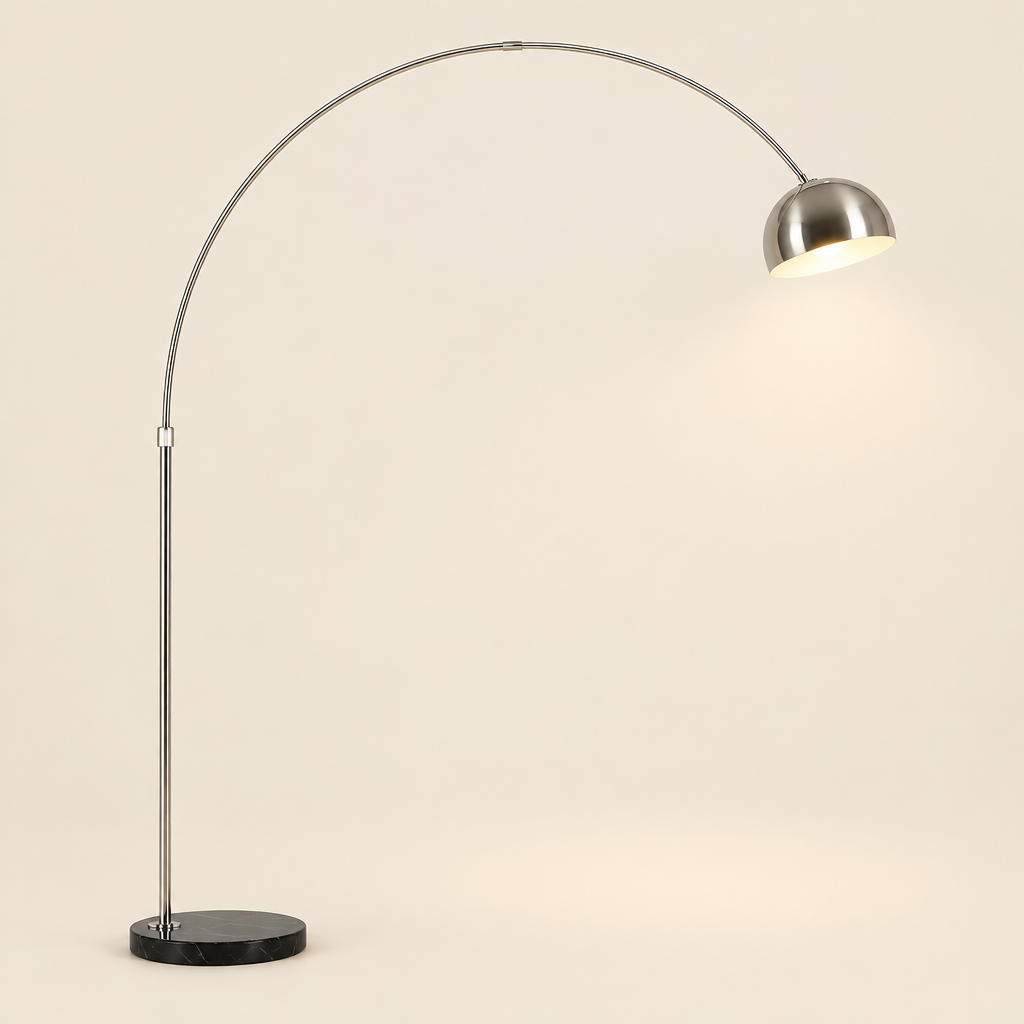 Padstow Silver Arc Floor Lamp – switched on, studio view