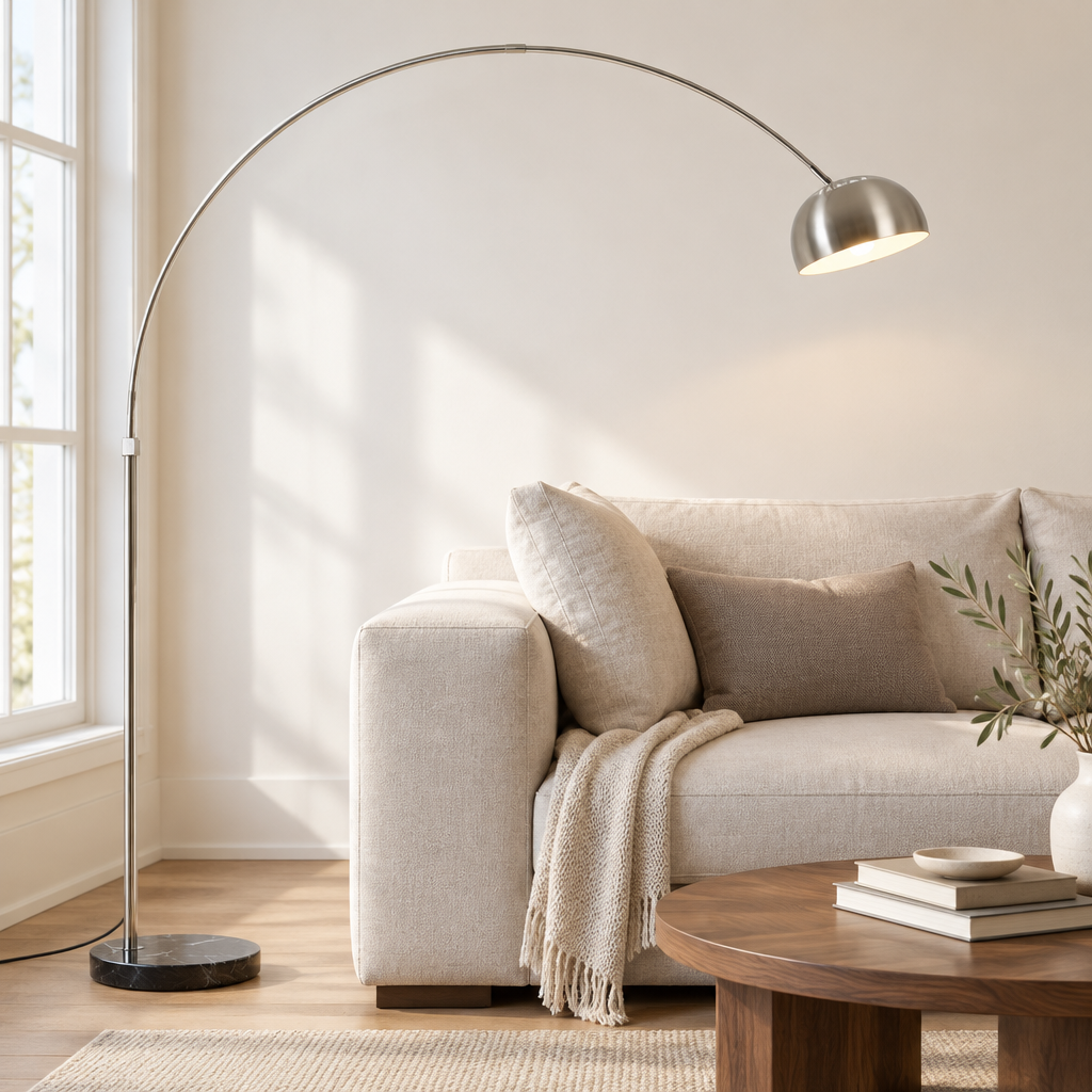 Padstow Silver Arc Floor Lamp – arching over a sofa