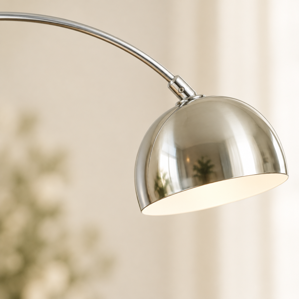 Padstow Silver Arc Floor Lamp – close-up of the silver dome