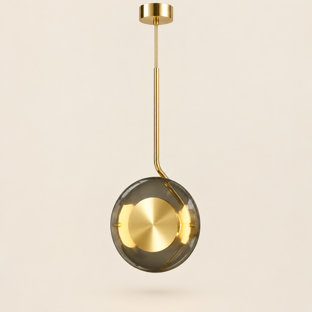 Painswick Smoked Glass Disc Pendant Light – studio photo, lit, on a cream background