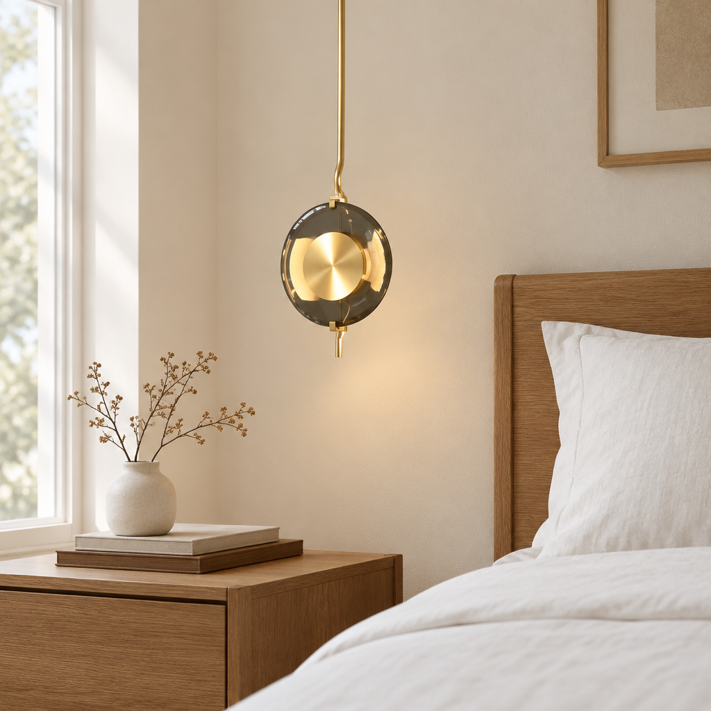 Painswick Smoked Glass Disc Pendant Light – beside a bed