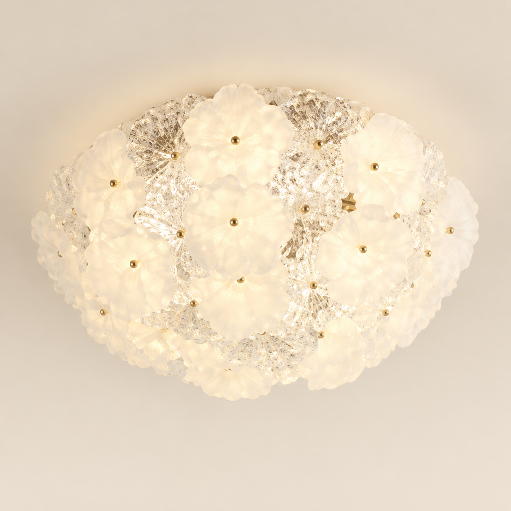 Pembroke Glass Petal Ceiling Light – switched on, studio view