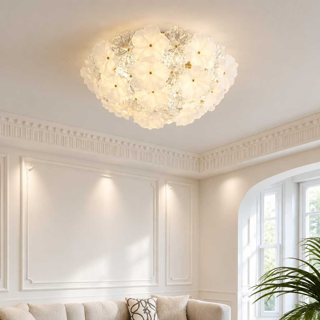 Pembroke Glass Petal Ceiling Light – in a living room with cornicing