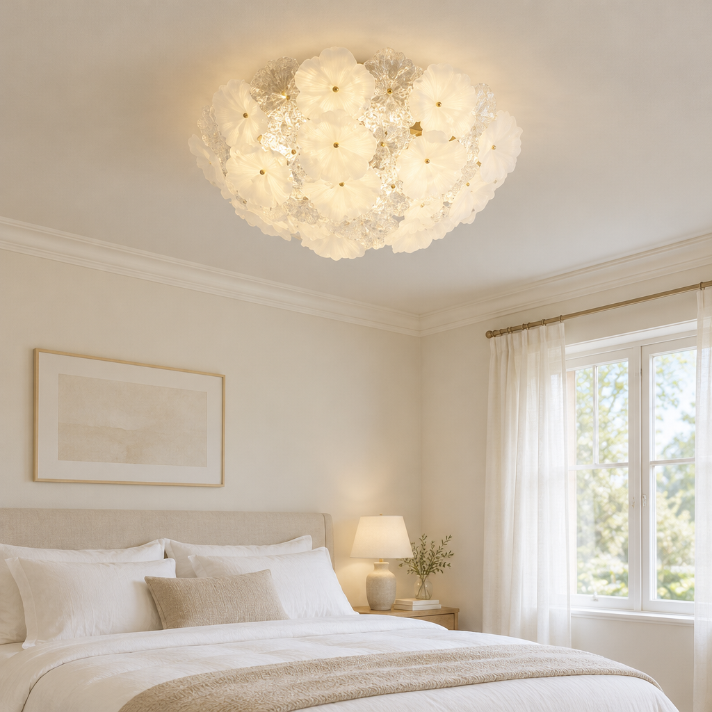 Pembroke Glass Petal Ceiling Light – above a bed