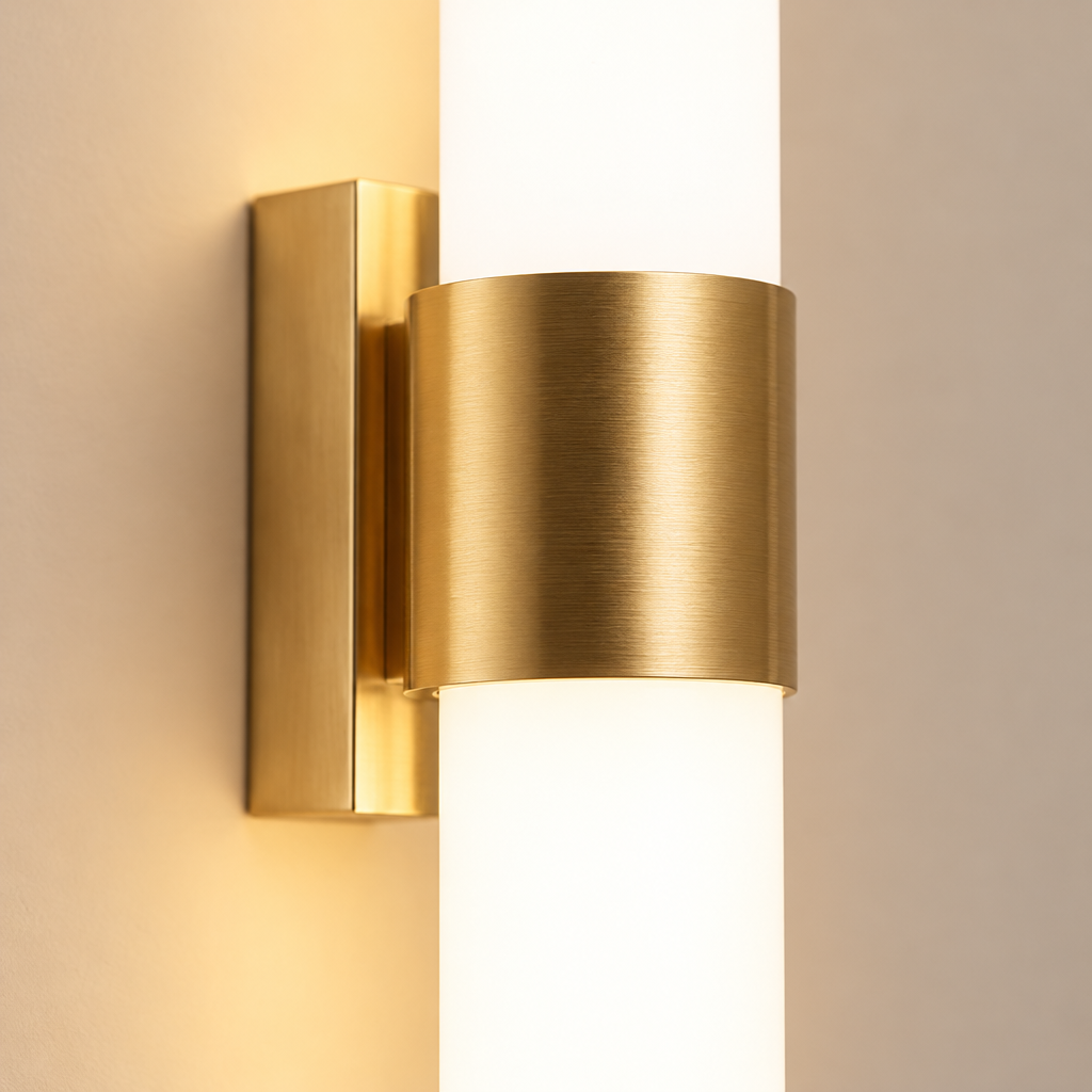 Petworth Up-and-Down Wall Light – close-up of the gold collar and white cylinder
