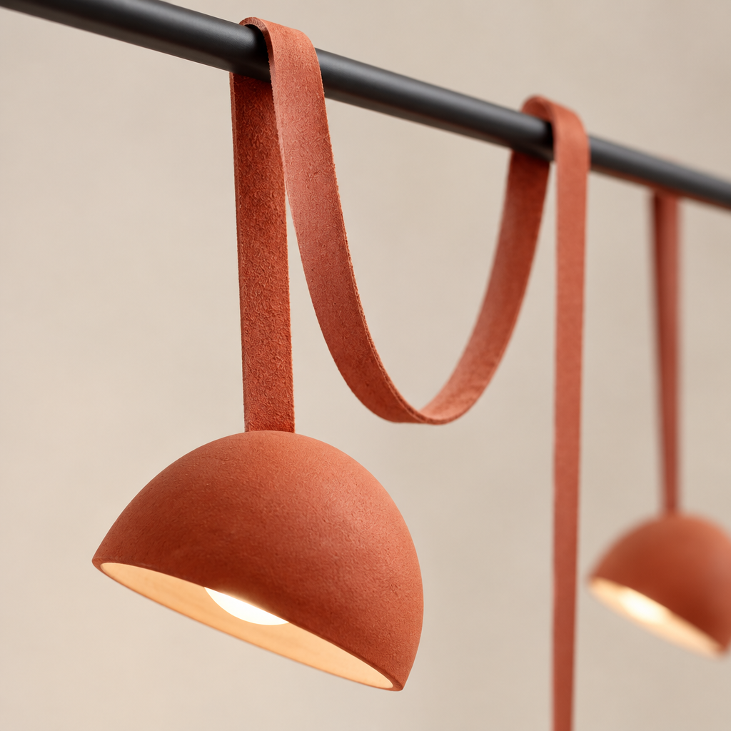 Pickering Leather Pendant Light – close-up of the leather strap and dome shade