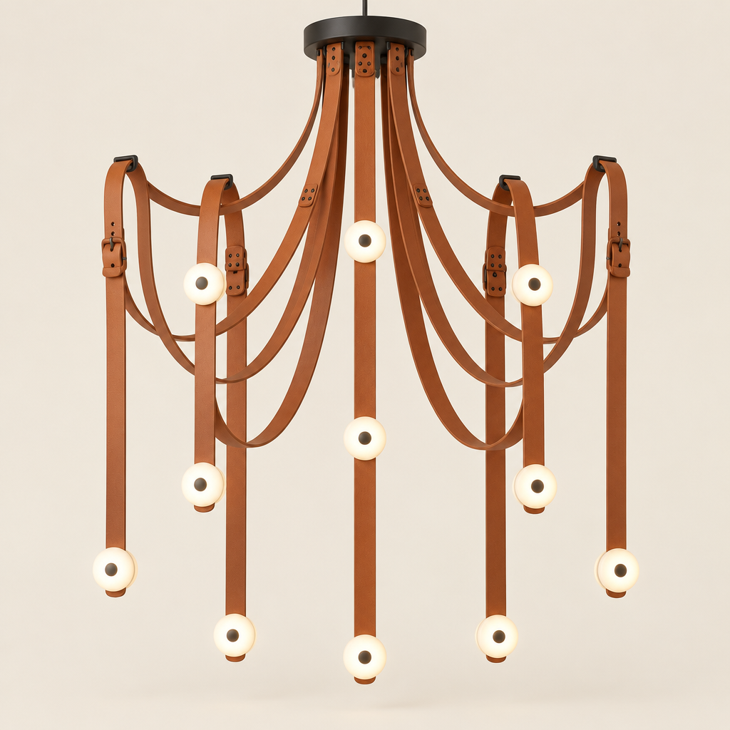 Portland Leather Chandelier – switched on, studio view