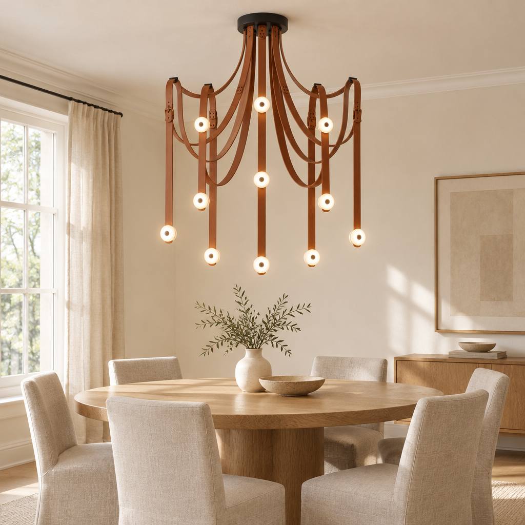 Portland Leather Chandelier – above a round dining table