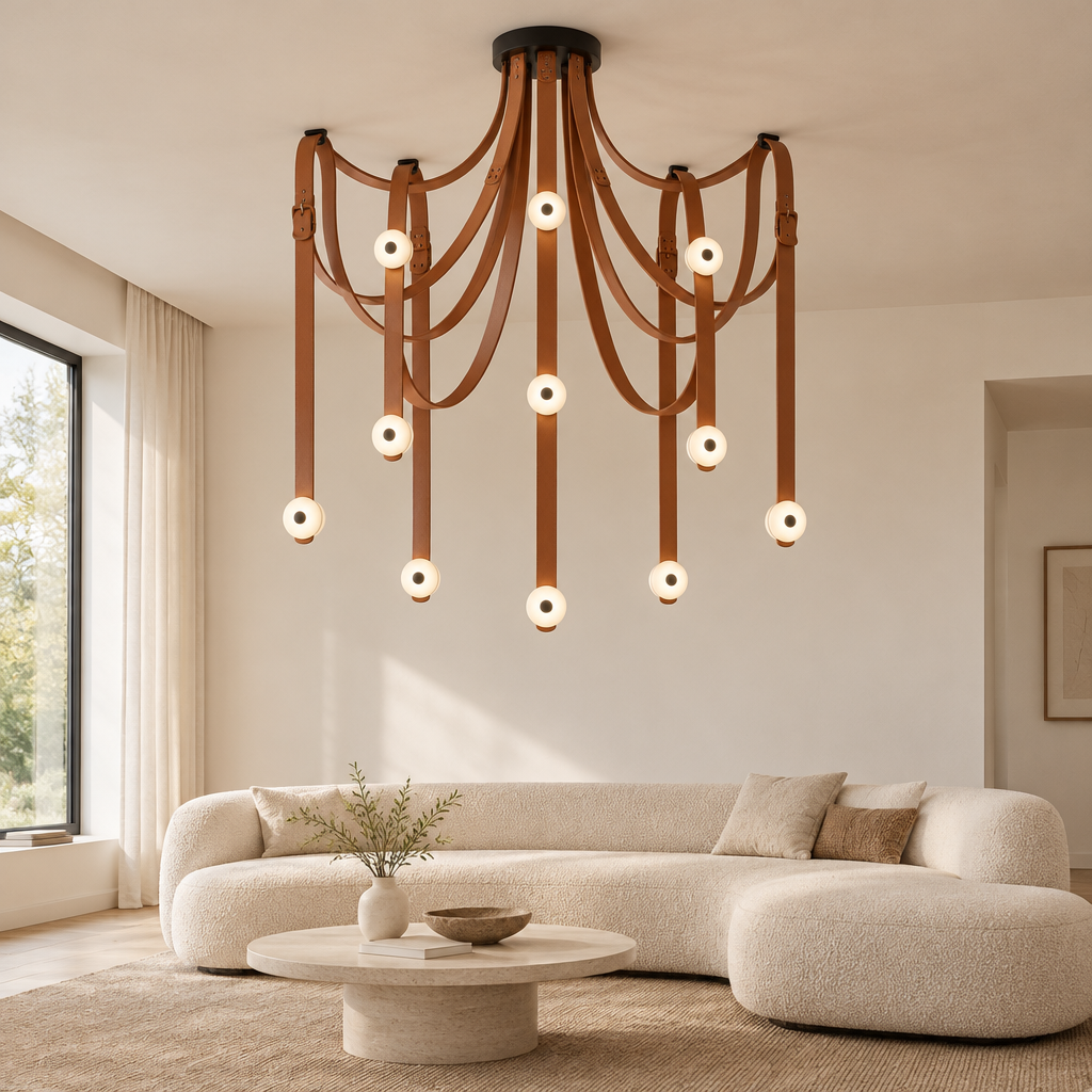 Portland Leather Chandelier – in a spacious living room