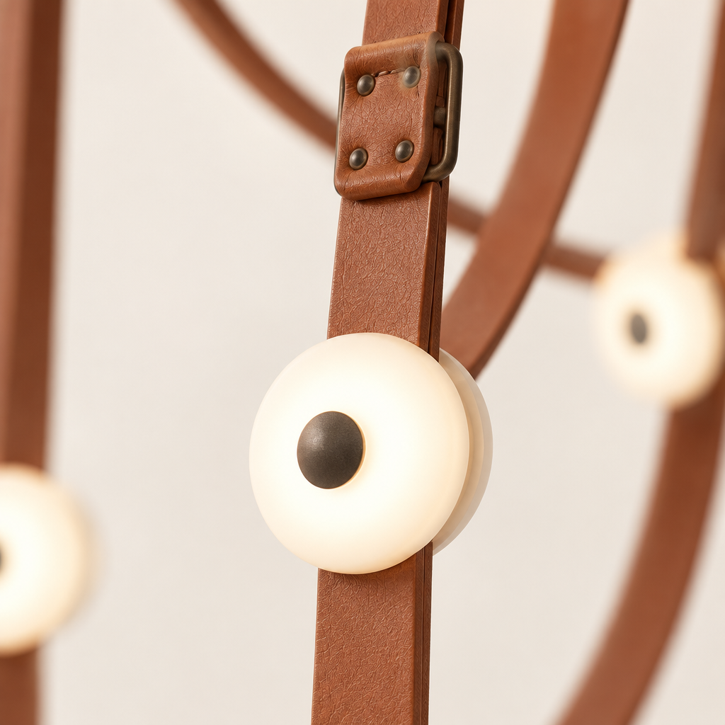 Portland Leather Chandelier – close-up of the leather strap and LED head