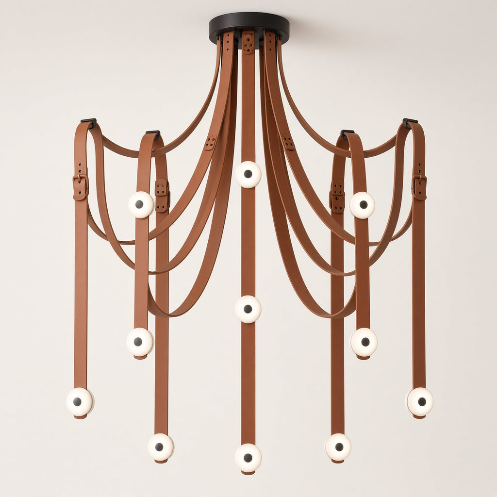 Portland Leather Chandelier switched off on a plain background
