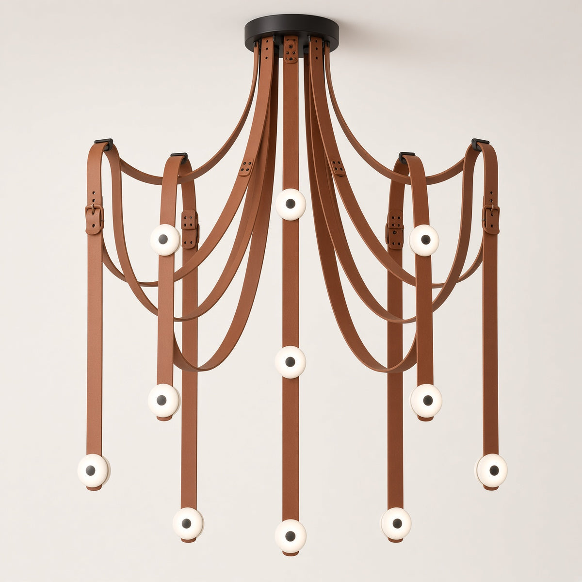 Portland Leather Chandelier switched off on a plain background