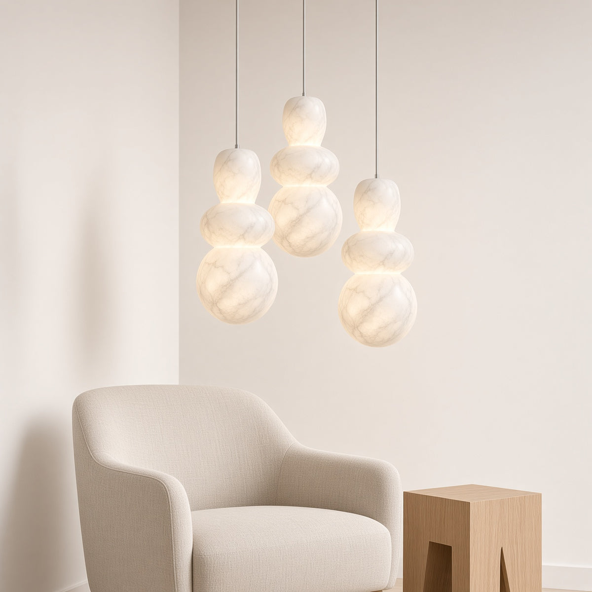 Purbeck Cloud Stone Pendant Light – three in a living room corner
